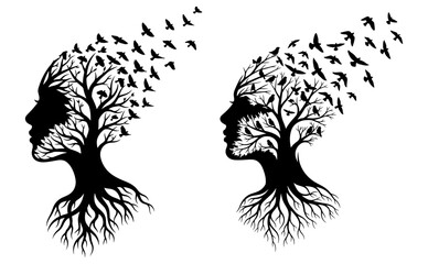 Two tree woman head silhouettes, symbolizing nature, transformation, and the interconnectedness of life and growth