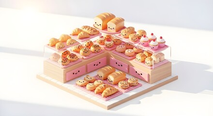 isometric illustration cute miniature bakery display with bread pastries cupcakes