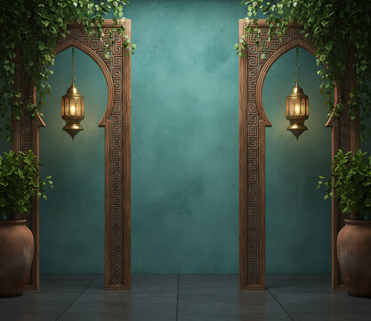 Exotic Moroccan Archways with Lanterns and Lush Greenery on Teal Wall Background, wedding backdrop design 