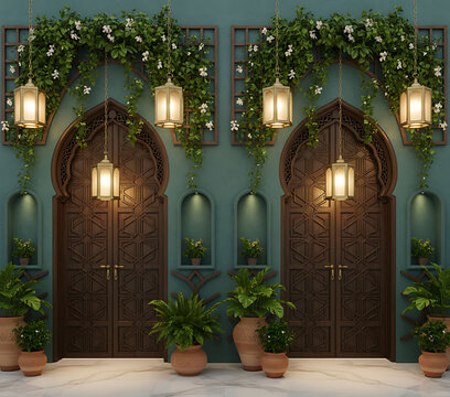 Elegant Moroccan Entrance with Intricate Wooden Doors and Glowing Lanterns, wedding backdrop design 