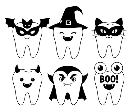 Cute halloween teeth in costumes for dental clinic and halloween party invitation card design - Powered by Adobe