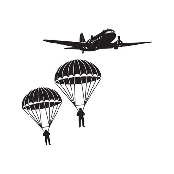Silhouette of paratroopers jumping from a military transport airplane. Airborne soldiers with parachutes in the sky. Vector illustration for army, war, and skydiving concepts.
