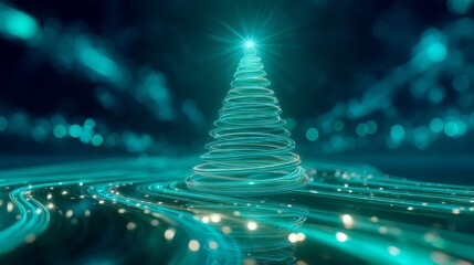 Futuristic Christmas Tree with Glowing Lights and Abstract Lines