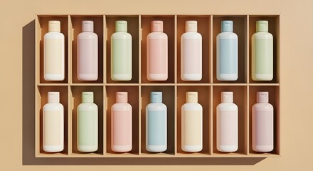 colorful bottles minimalist pastel in organized shelf