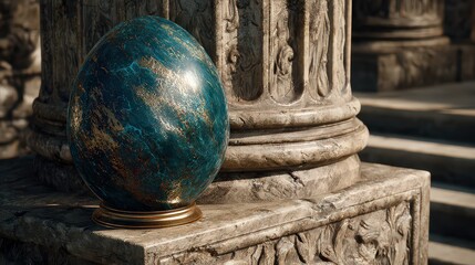 Ornate Blue Egg with Golden Flecks on a Decorative Stand in a Classical Setting