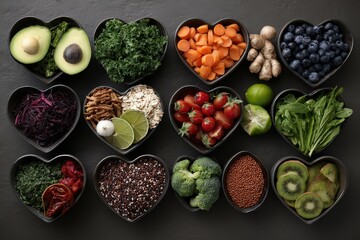 Overhead View of Colorful Heart Shaped Bowls Filled with Fresh Healthy Food Ingredients