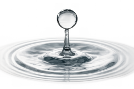 Water drop impact creating splash and ripple wave expanding surface, showing purity, motion, and clear liquid on transparent background - Powered by Adobe