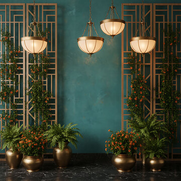 Elegant Interior with Teal Wall, Gold Accents, and Lush Greenery, wedding backdrop design 