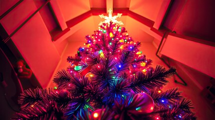 High-Angle View of a Vibrant Christmas Tree &mdash; Bright and Energetic Holiday Stock Photo