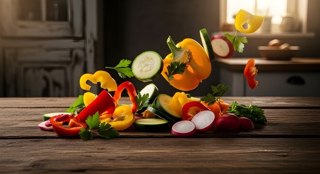 chopped vegetables fresh colorful falling rustic kitchen table - Powered by Adobe