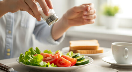 Adding Flavor A Woman Sprinkling Salt on a Fresh Salad, Toast and Beverage Nearby