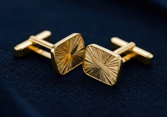 Pair of elegant gold square cufflinks rests upon a deep blue textile surface
