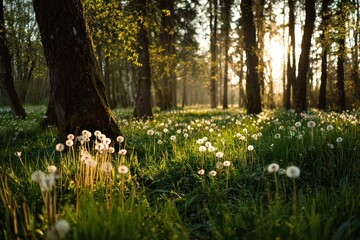 Sunlit Forest Scene with Dandelion Meadow and Tree Trunks Sunlight Filtering Through Trees