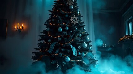 Graceful Deep Teal Christmas Tree in a Mystic and Ethereal Atmosphere