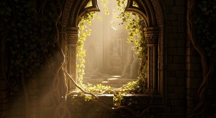 sunlight through window streaming ancient overgrown archway ruins