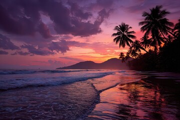 Tropical Beach Sunset with Palm Trees and Colorful Sky Reflections on Wet Sand Idyllic Scene Dramatic Purple and Orange Hues Rippling Water Coastline