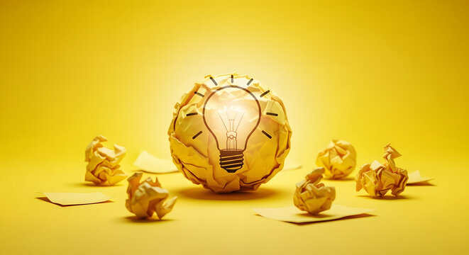 Brilliant idea emerges from crumpled paper chaos with glowing lightbulb symbolizing inspiration and innovation