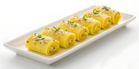 khandvi rolls neatly aligned on rectangular white plate, yellow rolled gram