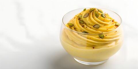 shrikhand dessert, swirled texture topped with pistachio slices