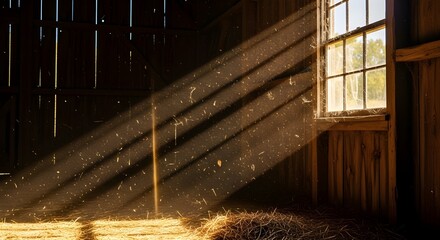 sunlight through window dusty streaming inside old wooden barn