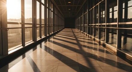 sunlight through window sunlit modern architectural corridor with dramatic shadows