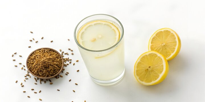 lemon jeera water with cumin powder floating, lemon slice