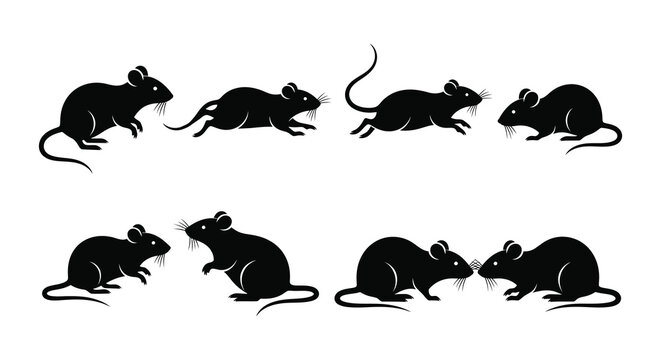 Various silhouettes of mice in different poses and actions