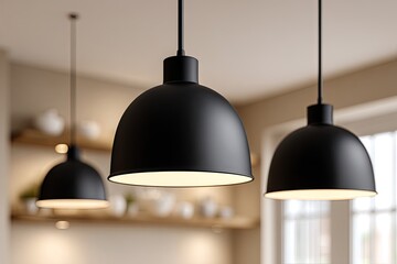 Three matte black pendant lights hang in a kitchen, casting warm light