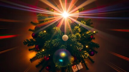 Overhead Bird&rsquo;s-Eye View of a Christmas Tree with Bright Lens Flare and Vibrant Light Streaks