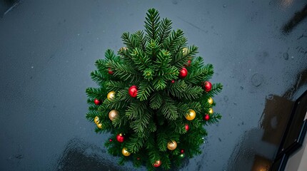 Christmas Tree in Rainy Scene from Overhead Bird&rsquo;s Eye View with Reflective Surfaces