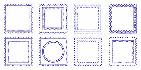 Collection of eight unique hand drawn blue ink borders and frames with decorative edges on a white background