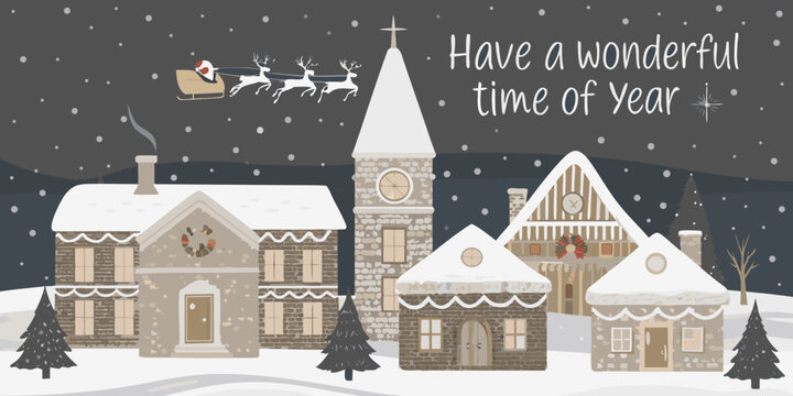 Charming snowy village scene with santa claus flying in his sleigh above the rooftops during winter holidays - Powered by Adobe