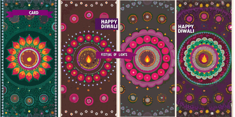Happy diwali festival of lights greeting card with colorful floral mandala designs and diya lamps