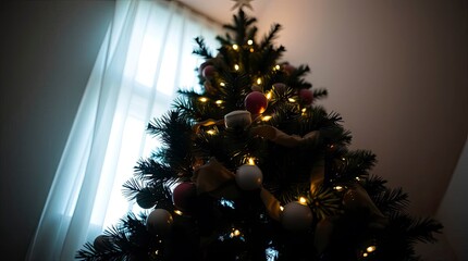 Elegant Christmas Tree with Gentle Soft Light from Above &ndash; Warm Festive Holiday Atmosphere