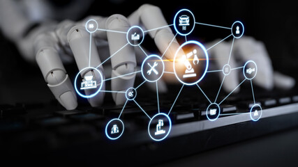 AI assisted mechanized industry with smart automation, robotic arms, gears and production lines for optimized industrial efficiency Entice