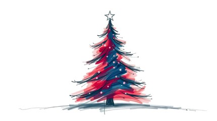 Hand-Drawn Sketch of a Christmas Tree in Rich Burgundy and Deep Blue Hues with Soft Cinematic Haze and Textured Pencil Strokes on White Background
