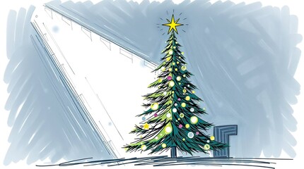 Hand-Drawn Sketch of a Christmas Tree in Color Sketchnote Style with Intense Dramatic Lighting and High Contrast