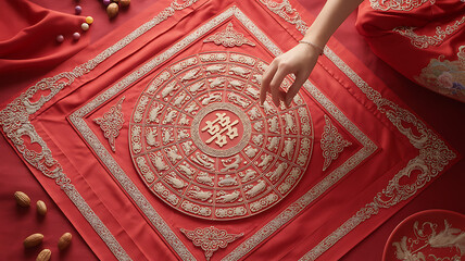 Luxurious antique Chinese-style interior with ornate wooden carvings, red silk textiles, traditional furniture, and cultural decor elements, showcasing heritage craftsmanship and imperial elegance.