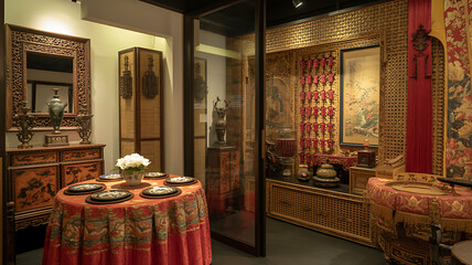 Luxurious antique Chinese-style interior with ornate wooden carvings, red silk textiles, traditional furniture, and cultural decor elements, showcasing heritage craftsmanship and imperial elegance.