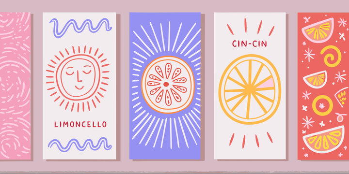 Collection of cheerful hand drawn illustrations featuring citrus fruits sun motifs and playful patterns in vibrant colors
