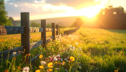Sunny meadow with a wooden fence and wildflowers, bathed in golden light at sunset on rolling hills