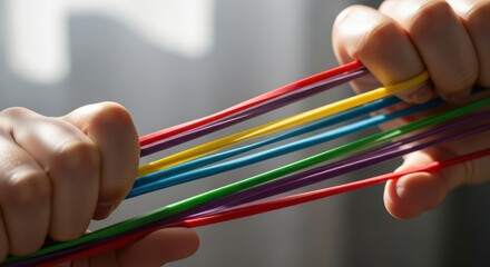 Close-up of two hands holding multiple colorful straws against a blurred background with natural light.