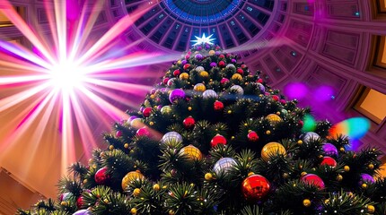 Architectural Christmas Tree with Bright Lens Flare and Vibrant Light Streaks