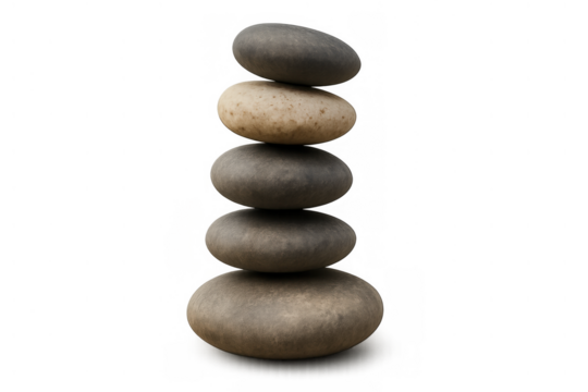 Stacked balancing pebbles creating a cairn, representing zen, harmony, meditation, and tranquility on transparent background