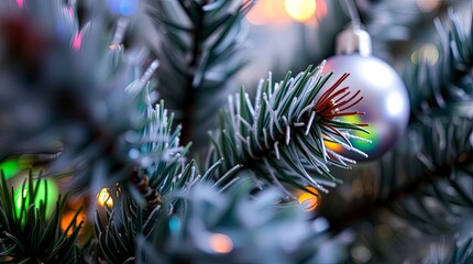 Iridescent Close-Up of Christmas Tree with Shimmering Reflections