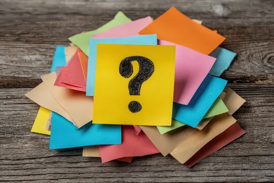 Pile Of Colorful Sticky Notes With Question Mark Symbol On Wooden Background