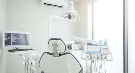 Modern Dental Clinic Interior Examination Room and Equipment in Sunlight