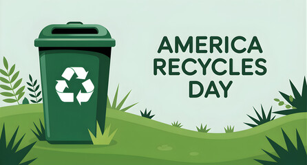 America recycles day with green recycle bin on grass