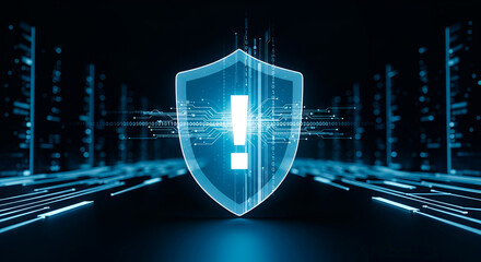 Blue digital shield with glowing white exclamation mark symbolizing cybersecurity. Dark background with binary code and circuit patterns for data protection theme