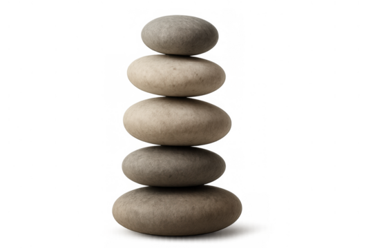 Stacked balancing pebbles creating a zen cairn, symbolizing meditation, harmony, stability, and peaceful wellness
